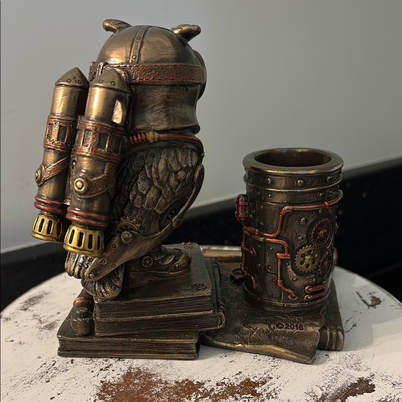 Steampunk Owl Cell Phone Pen Desk Statue Figurine Bronze Aviator Space Halloween - Picture 9 of 13